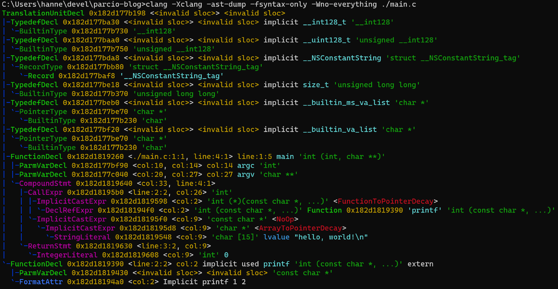 Clang AST dump for the hello world C program